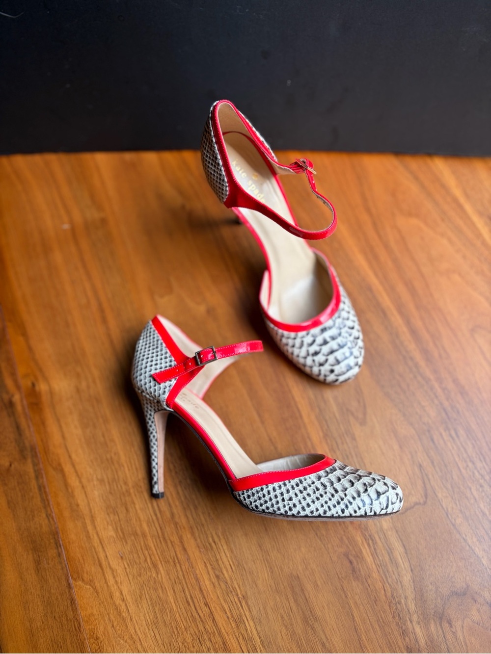 kate spade Red-Trim Snake-Print Mary Jane Heels
